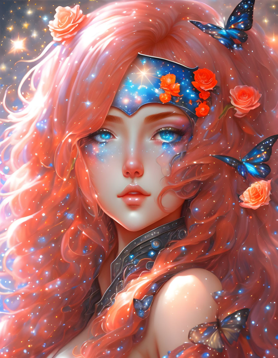 Colorful digital portrait of a woman with pink hair, stars, celestial headband, flowers, and