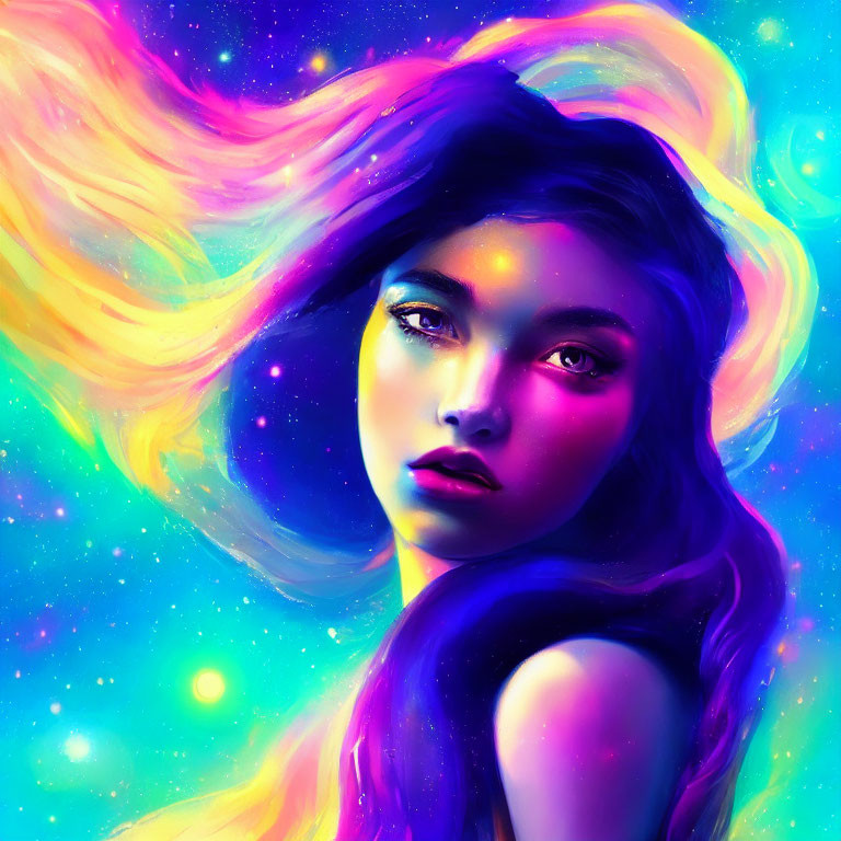 Colorful portrait of woman with flowing hair merging with cosmic galaxy