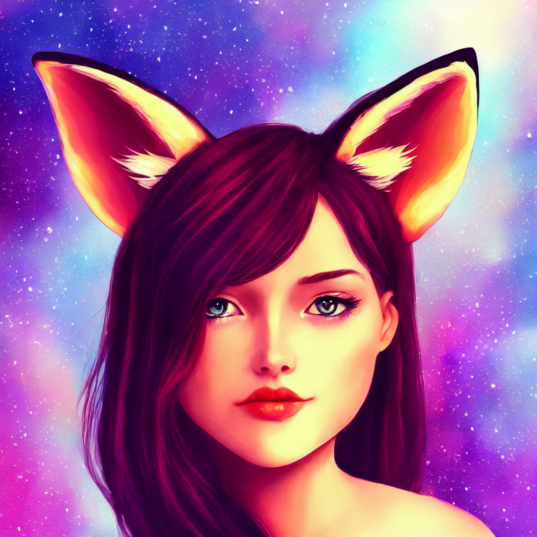 Woman with Fox Ears in Vibrant Galaxy Illustration