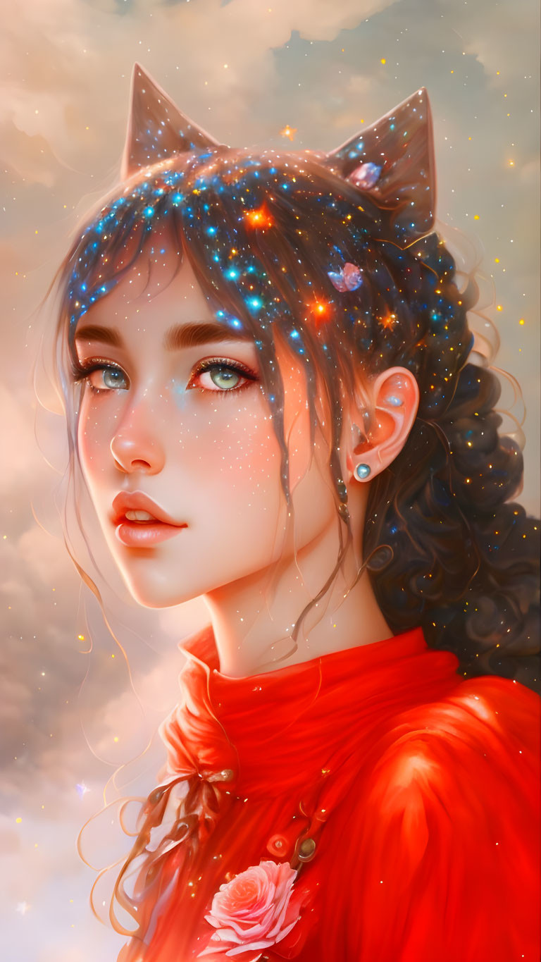 Digital art portrait of woman with galaxy-themed cat ears and cosmic freckles against sunset sky