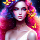 Fantasy image of woman with cosmic hair, flowers, butterflies, blue eyes, starry necklace