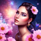 Digital Art Portrait of Woman with Floral Hair, Sparkly Earrings, Butterfly, and Cosmic Stars