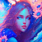 Ethereal digital artwork featuring woman with blue skin and butterflies