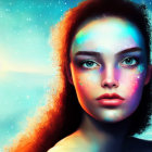 Colorful digital painting of a woman's face with cosmic hair and intense eyes