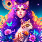 Colorful cat and cosmic woman's face surrounded by butterflies, flowers, and stars