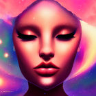 Stylized female face with cosmic tones and pink hair against starscape