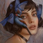 Fantastical illustration of woman with blue butterflies and flowers in hair