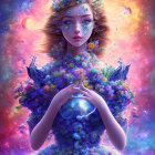 Cosmic-themed portrait of a woman with vibrant flowers and planet against nebula