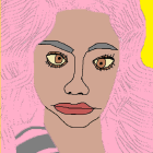 Digital illustration: Woman with pink floral hair on starry yellow backdrop