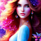 Colorful Woman Illustration with Blue Eyes, Flowers, Butterflies, Stars, and Floral Background