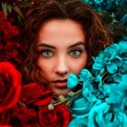 Fantasy portrait: Woman with blue eyes, red roses, butterflies, starry background