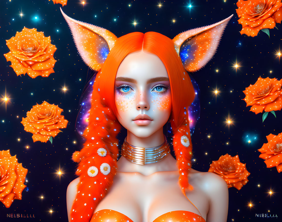 Fantastical female character with fox ears surrounded by roses and stars