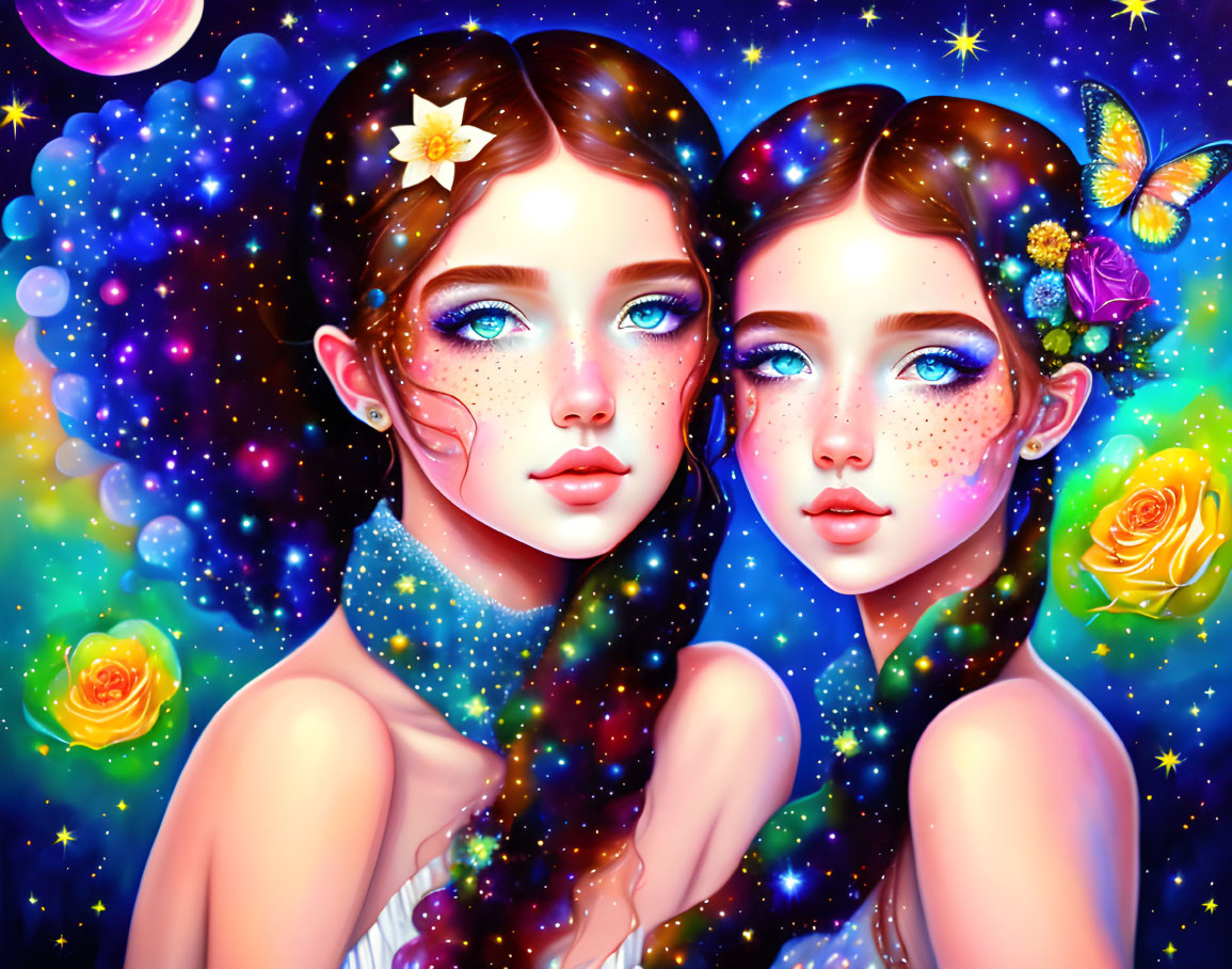 Cosmic-themed digital artwork of twin girls with blue eyes, flowers, butterflies, starry background