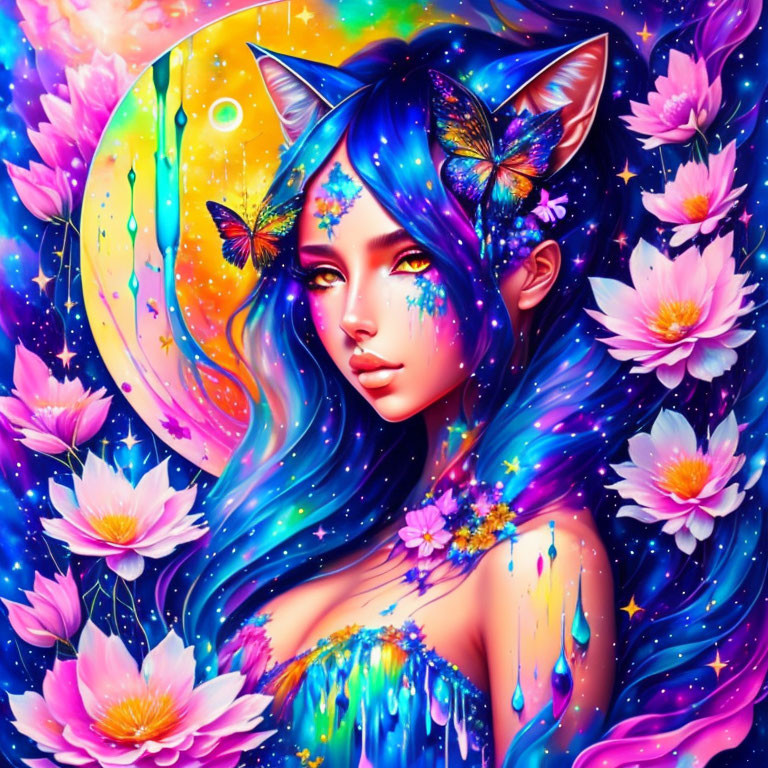 Colorful illustration: mystical woman with blue hair, cat ears, lotus flowers, butterflies, moon