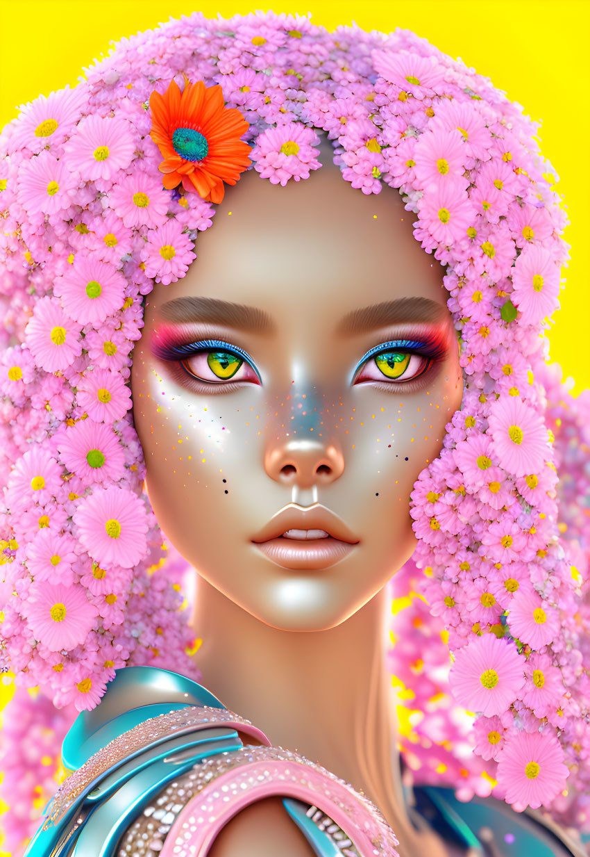 Female figure with floral headdress & vibrant pink and yellow makeup on yellow background