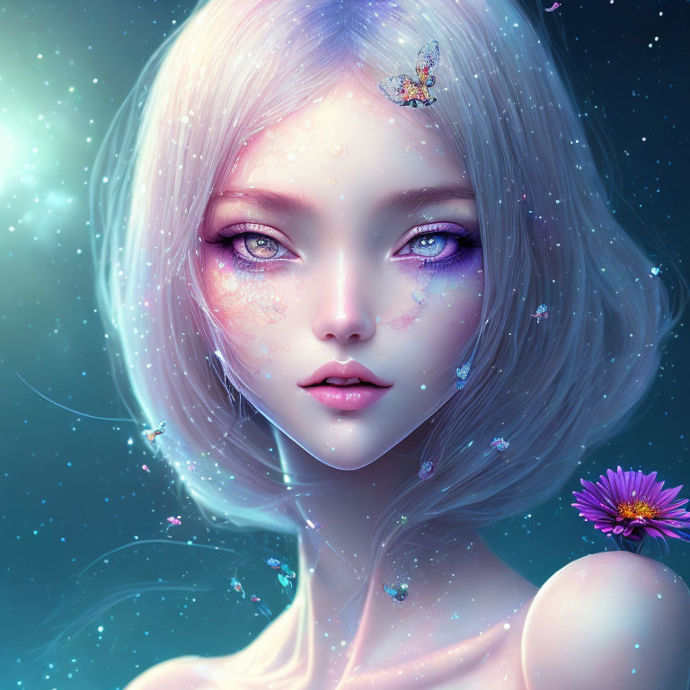 Fantasy digital artwork: ethereal female with white hair, violet eyes, butterflies, and flower.