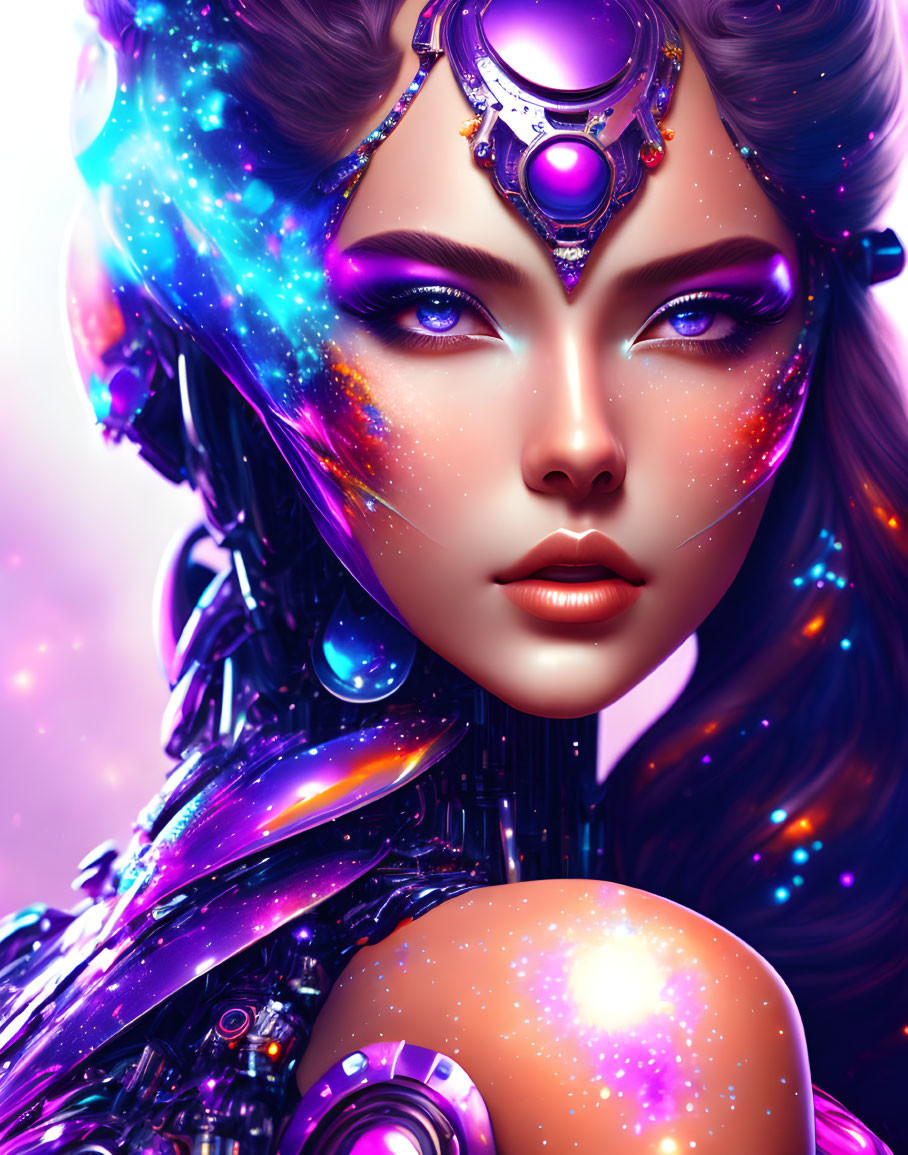 Digital artwork featuring female figure with cosmic makeup and futuristic armor in purple and blue.