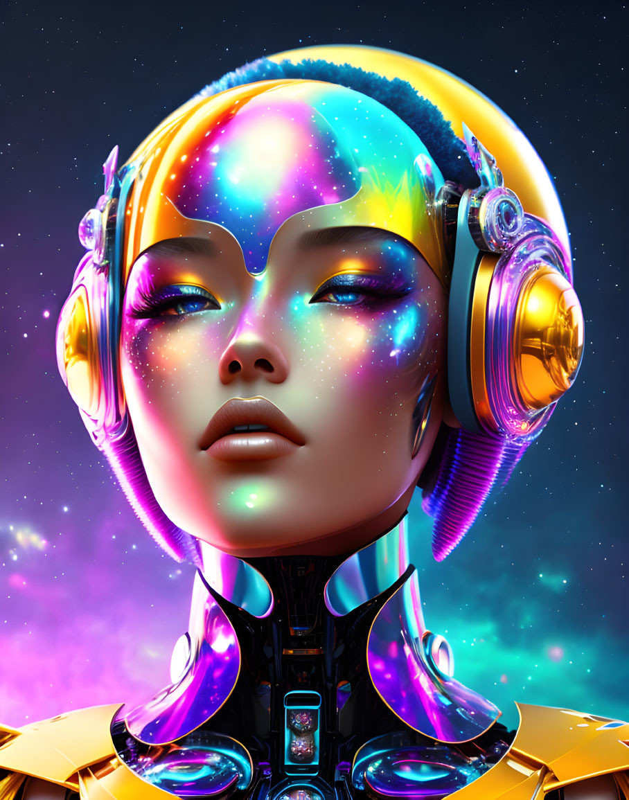 Colorful digital artwork: robot with humanoid face, cosmic galaxy pattern, neon hues, gold headphones,