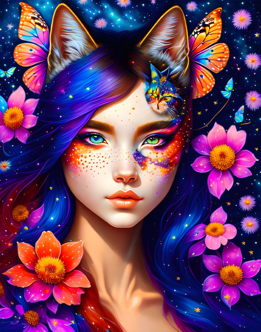 Vibrant woman with cat ears, flowers, butterflies on starry backdrop