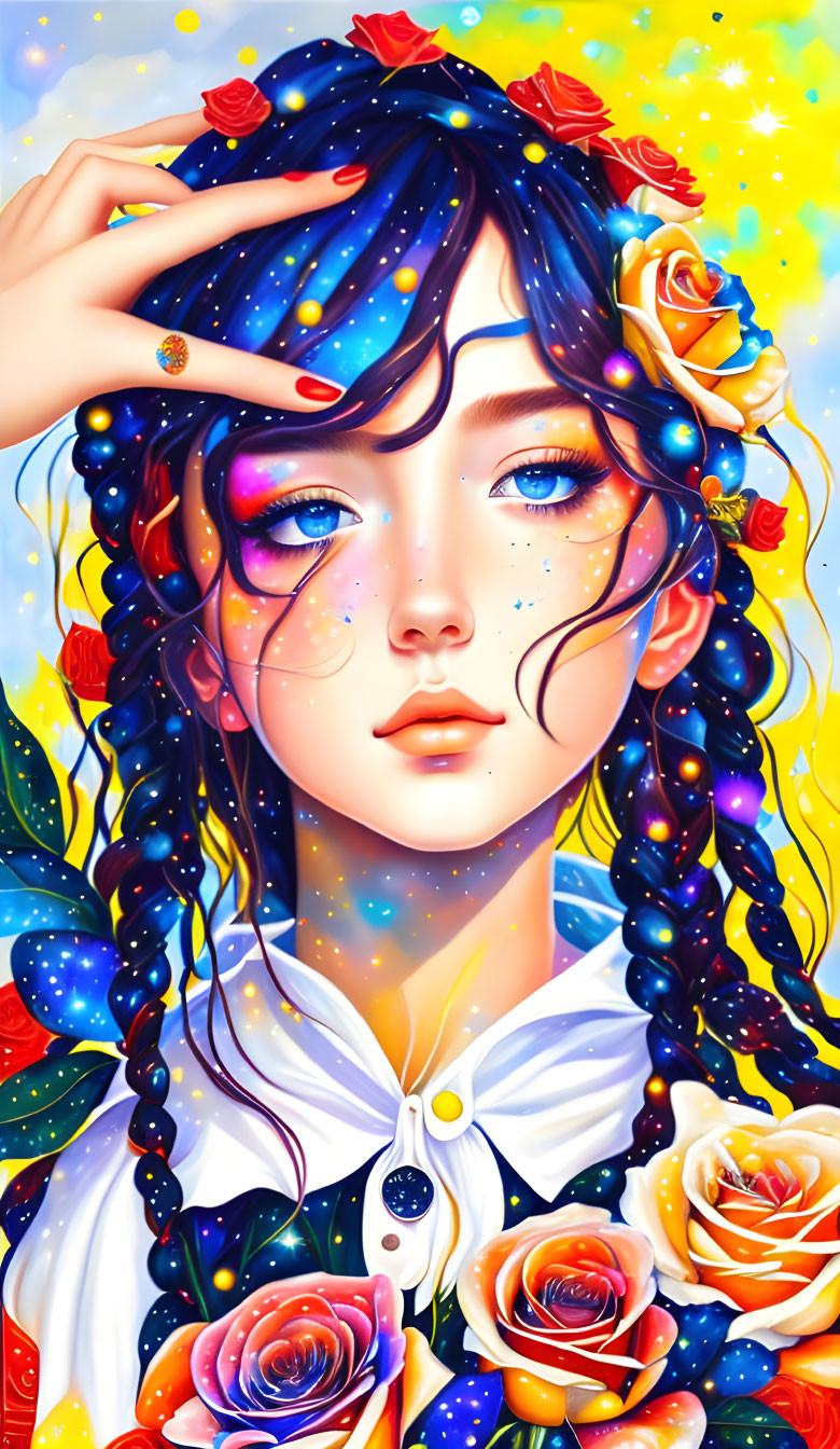 Colorful digital artwork: Woman with blue eyes and curly hair, stars and roses, cosmic background