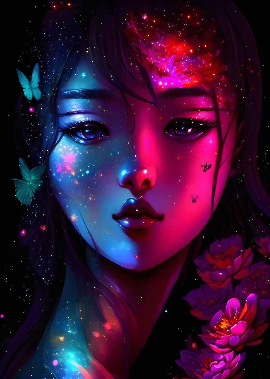 Vibrant cosmic-themed woman with neon hues, butterflies, and blooming flowers