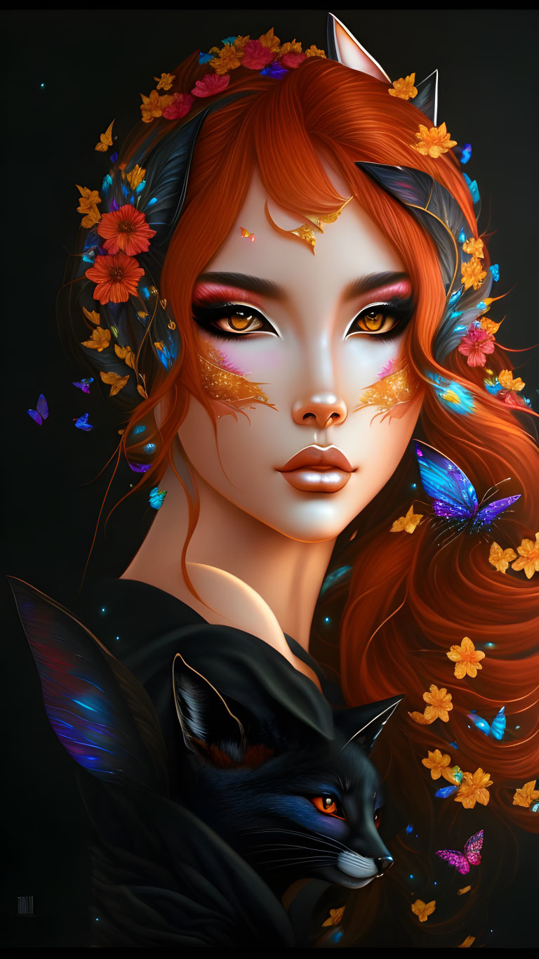 Digital artwork: Woman with fox ears, flower crown, black fox, butterflies on dark background