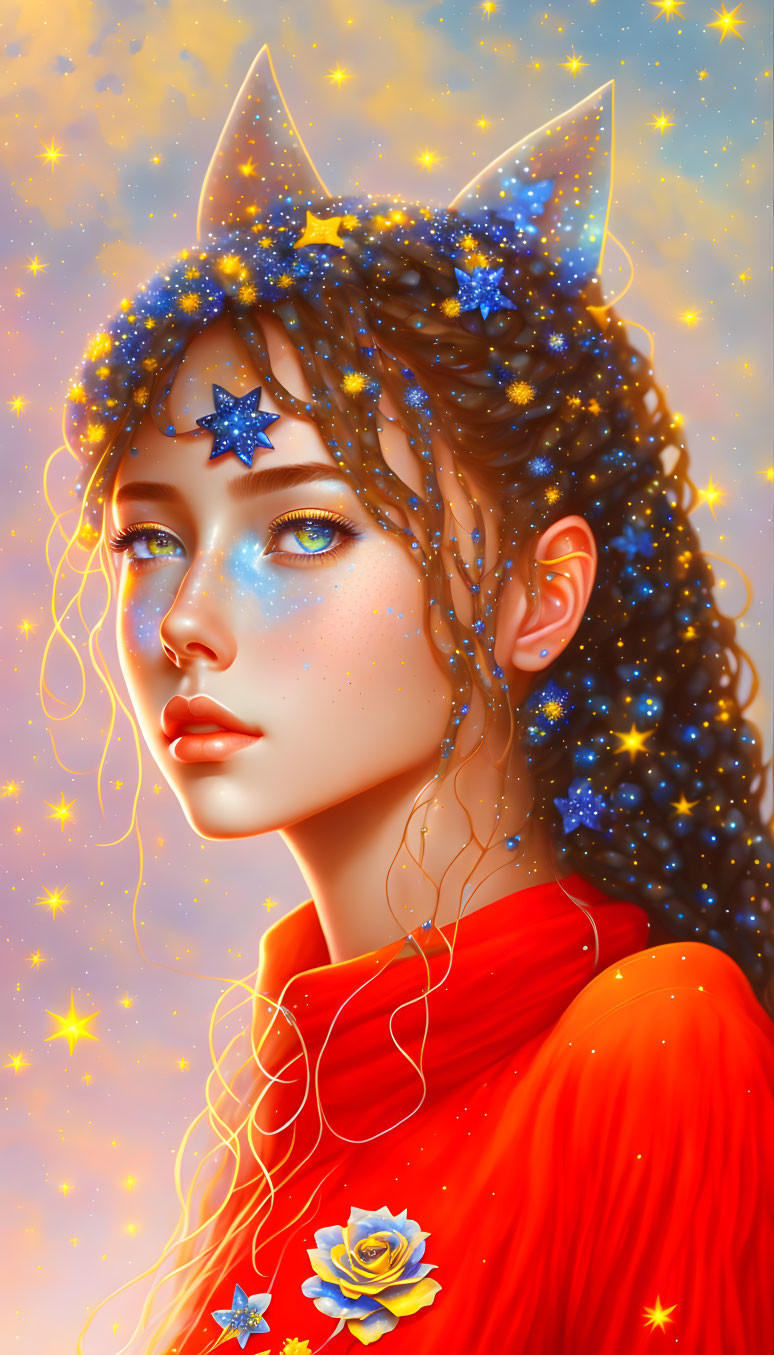 Digital Art Portrait of Woman with Galaxy-Themed Makeup and Starry Hair