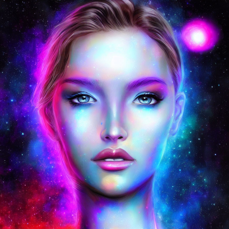 Digital illustration: Woman's face with cosmic makeup in vibrant starry space nebula.