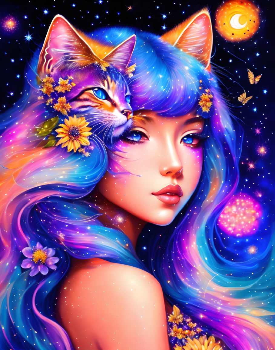 Colorful illustration of woman with blue and purple hair and cosmic cat in starry scene