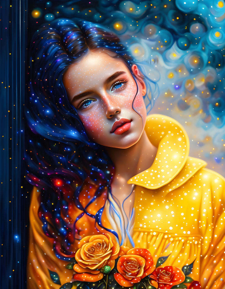 Cosmic-themed digital artwork featuring woman with blue hair in yellow outfit