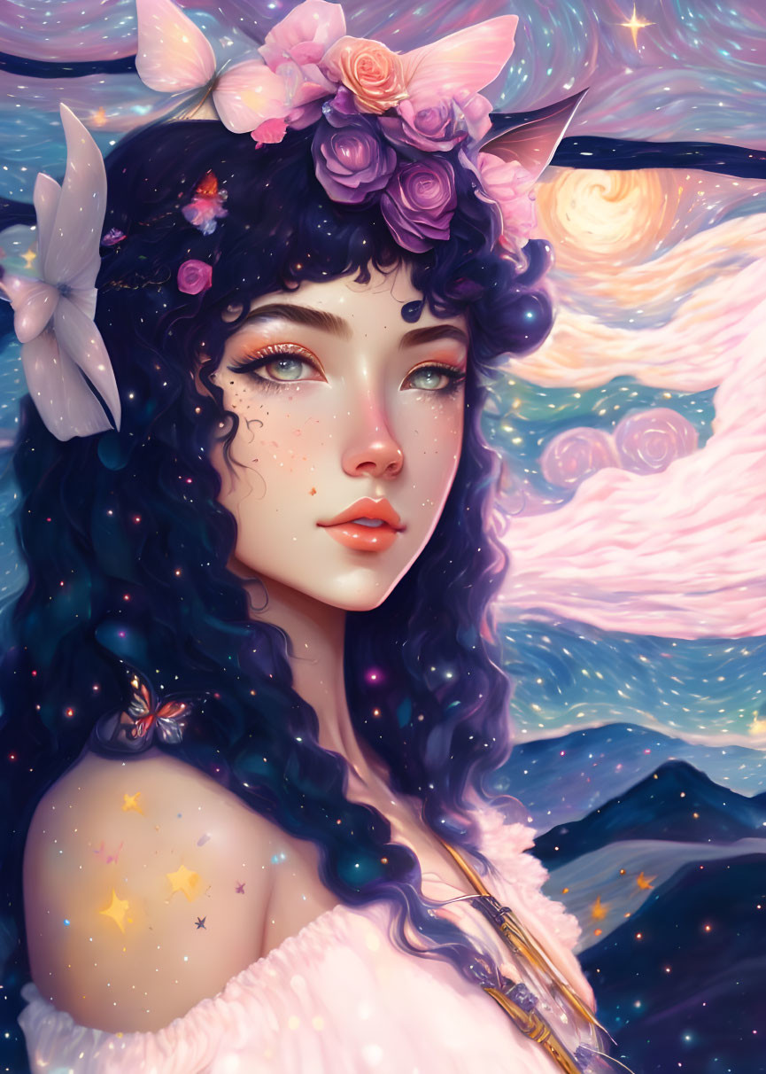 Illustration of girl with star-studded blue hair in vibrant dusk sky