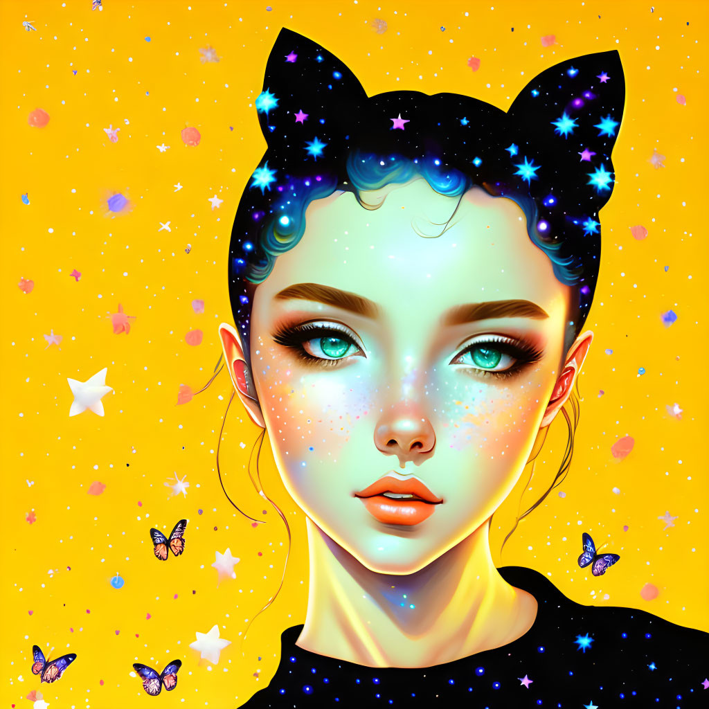 Galaxy-themed girl with cat ears and butterflies on yellow starry background