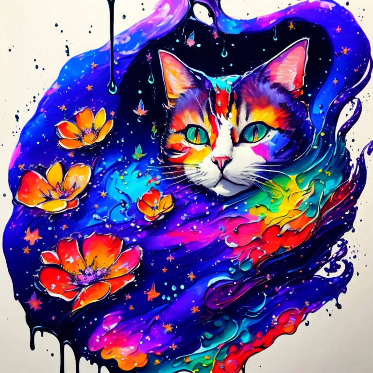 Colorful Cat Face Painting with Cosmic Background and Flowers
