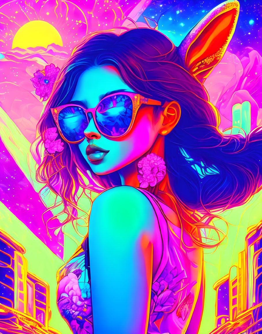 Colorful Digital Art: Woman with Bunny Ears and Neon Sunglasses on Psychedelic Background