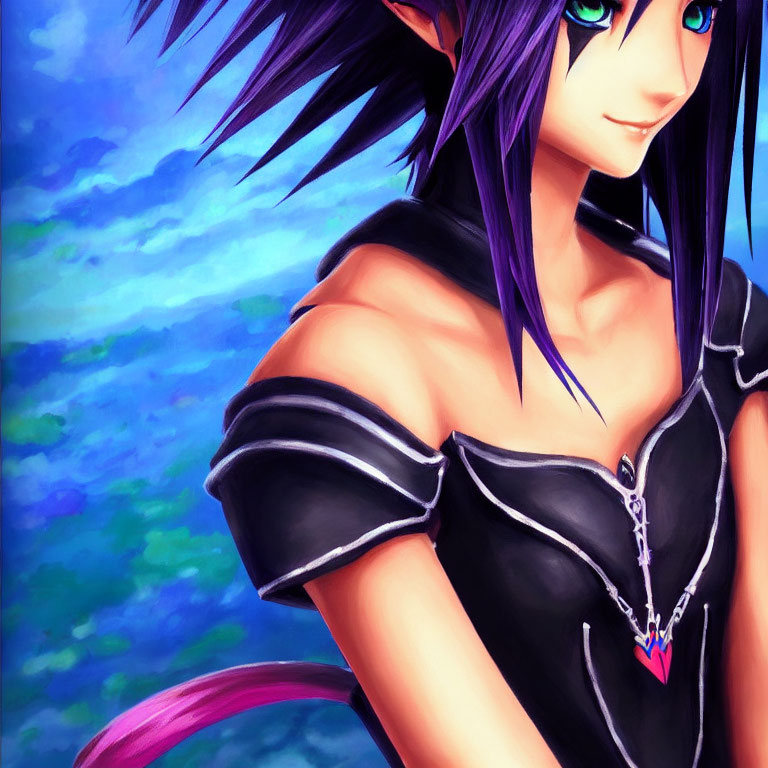 Anime character with purple hair, green eyes, and black outfit