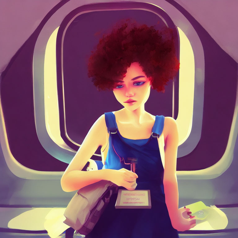 Illustration of young woman with curly afro in blue dress inside spacecraft