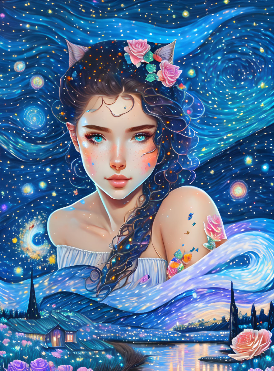 Mystical woman with cat ears in galaxy night sky by lakeside