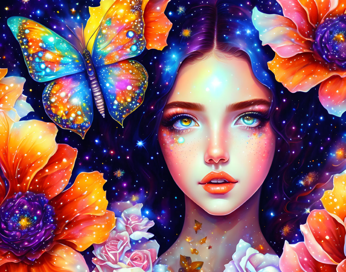 Vibrant digital artwork: woman, flowers, cosmic butterfly, starry space.