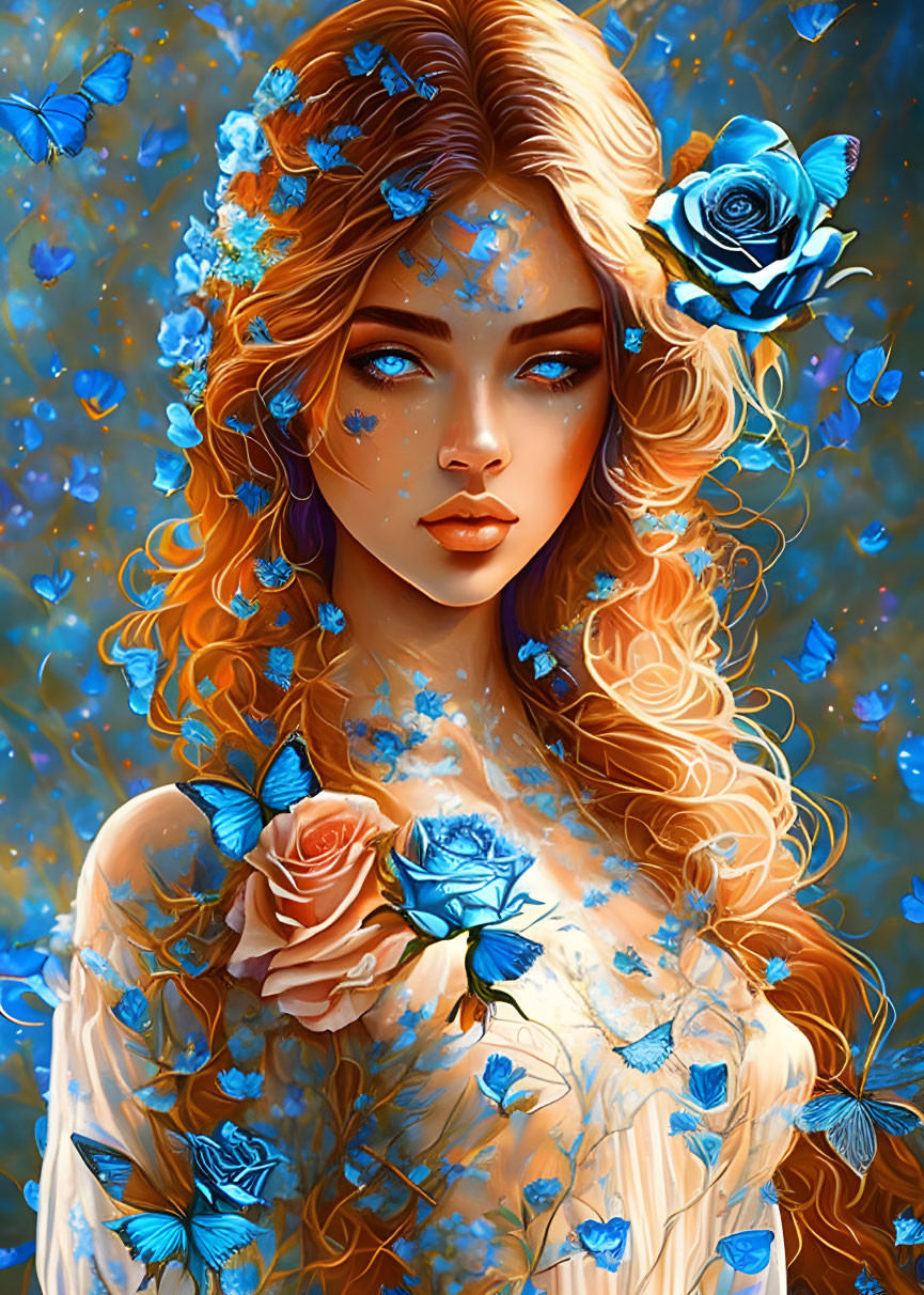 Vibrant digital artwork: Woman with amber hair, blue roses, and butterflies on blue background