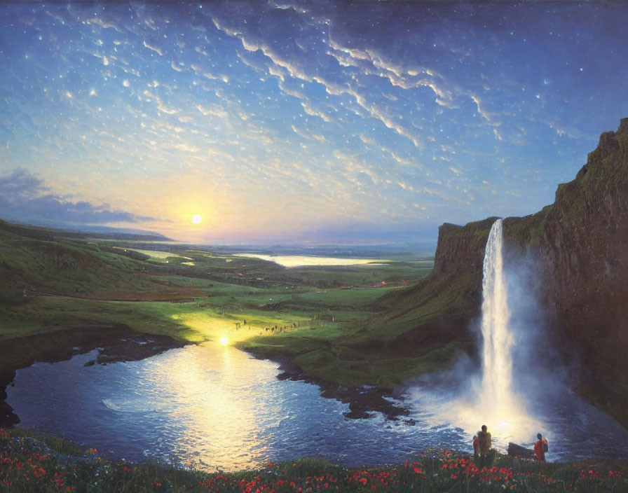 Tranquil landscape with waterfall, river, sunset horizon, and twilight sky observers