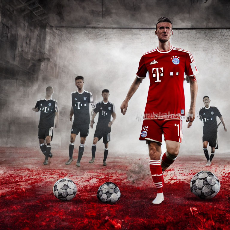 Stern soccer player in red kit with footballs on smoky red backdrop