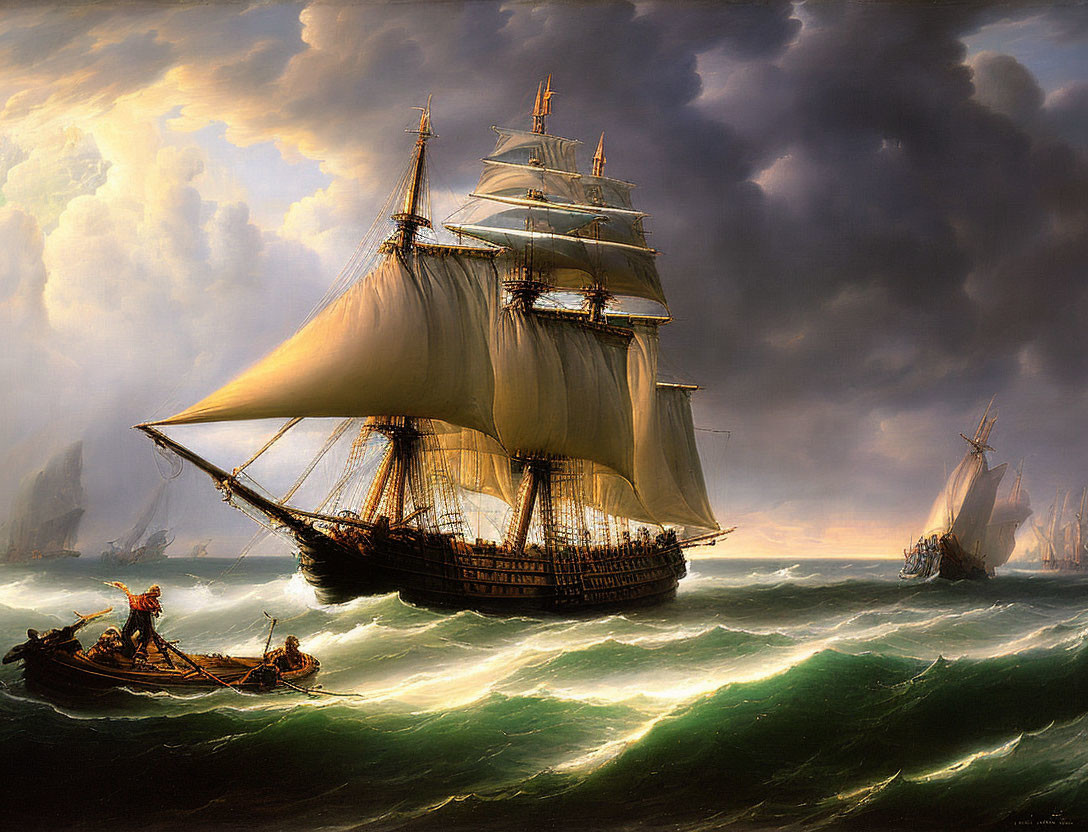 Sailing ship with billowing sails in turbulent seas