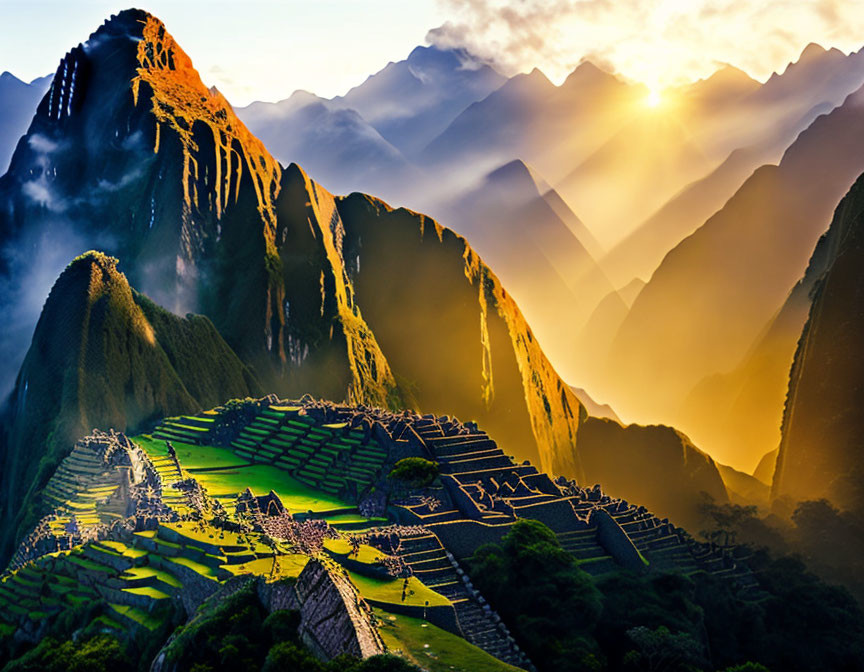 Golden sunrise over Machu Picchu with Incan ruins and mountain backdrop