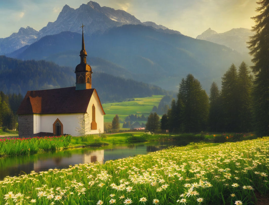 Tranquil church by pond in flowery meadow with mountains.