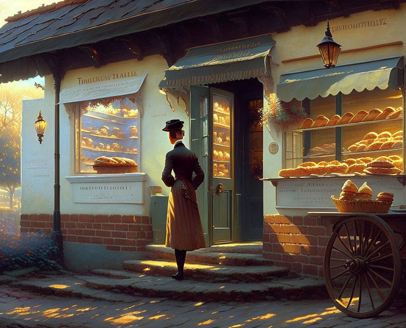 Person admiring bakery window in warm sunlight