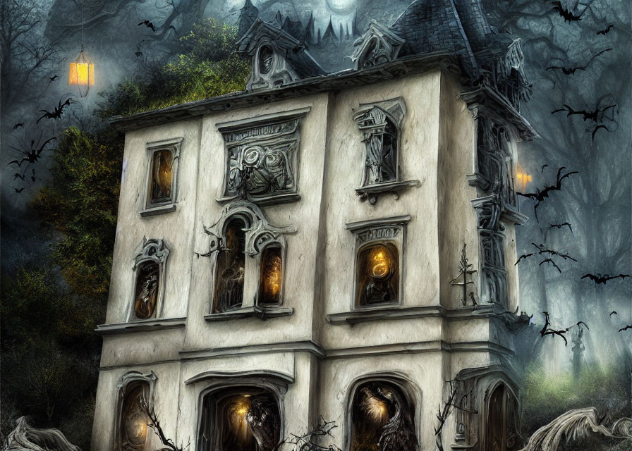 Spooky haunted house in fog with bats, lit windows, and bare trees