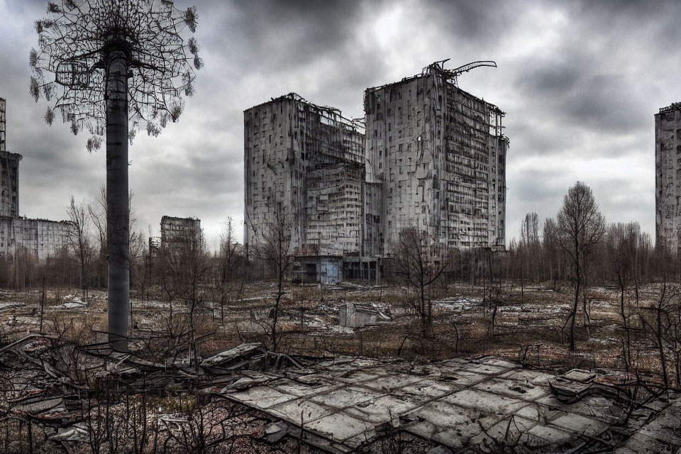 Abandoned high-rise buildings in desolate post-apocalyptic landscape