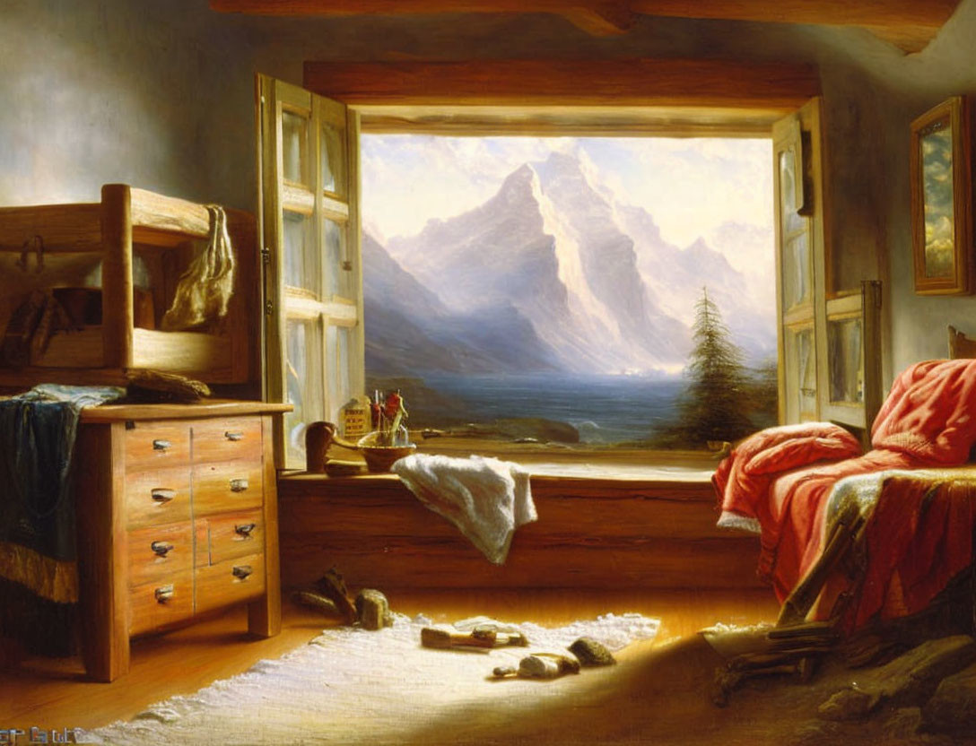 Room with open window overlooking mountain, sky, lake, and sunlight