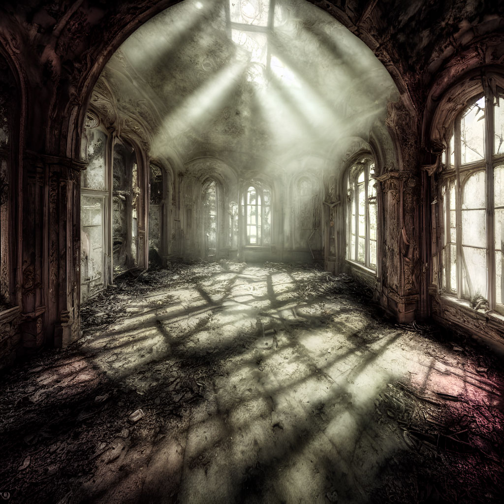 Sunlit abandoned room with ornate decor and shadows on dusty floor