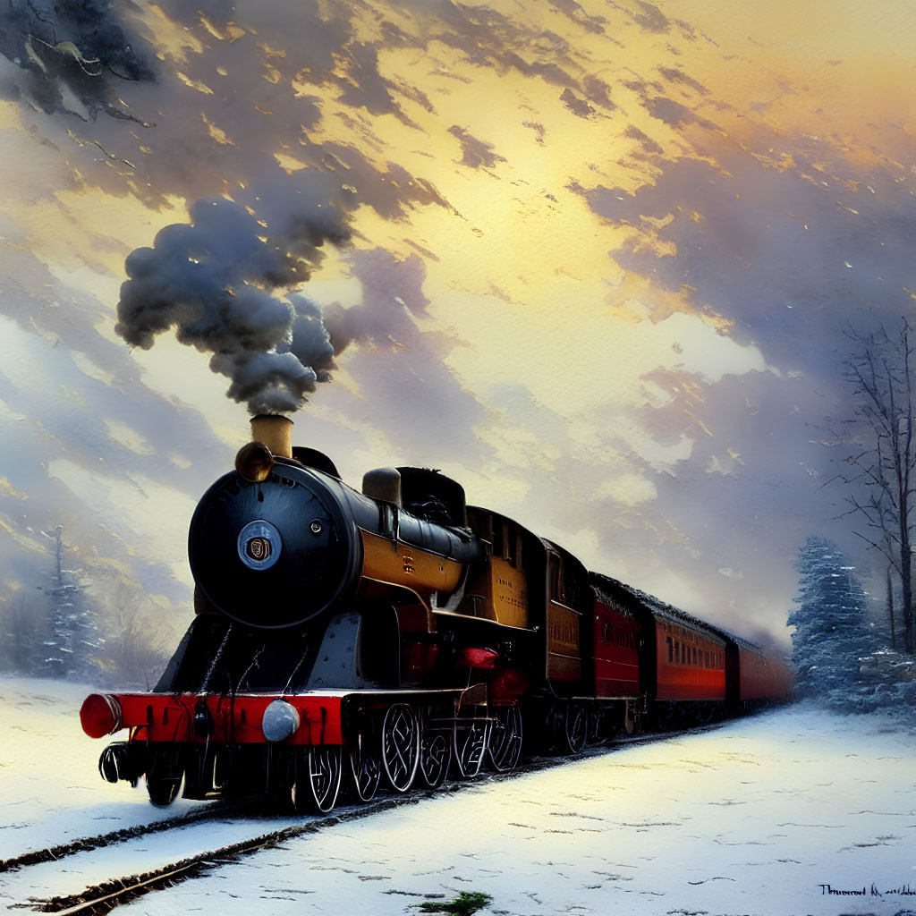 Vintage steam locomotive in snowy landscape at dusk